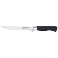 This boning knife features a straight, forged steel blade with a sharp edge and a 6-inch overall length. The black Santoprene handle provides a secure grip. NSF certified. Suitable for deboning, trimming, and cutting meat and poultry in commercial kitchens and food processing settings.