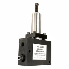 Steel inline pressure reducing valve with 1/4 in port size and screwdriver adjustment. Maximum set pressure of 5,000 psi. Used in hydraulic systems to regulate downstream pressure in industrial and mobile equipment applications.