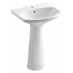 Vitreous china pedestal bathroom sink in white with oval basin. Overall height 34 1/2 in, overall length 22 3/4 in. Designed for residential or commercial washroom installations where a classic, space-saving sink is required. Faucet not included.