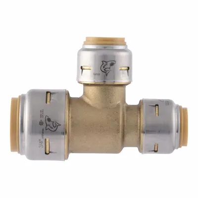 SHARKBITE MAX Push-Fit Tee Fitting: Tee, 3/4 in OD x 1/2 in OD x 1/2 in OD Size, Brass - Standard Brass Push-to-Connect Tube Fittings