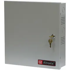 Steel-enclosed power supply board converting 115V AC input to 24V AC output at 12.5A. Suitable for powering access control systems, security equipment, and automation panels requiring a regulated 24V AC source.