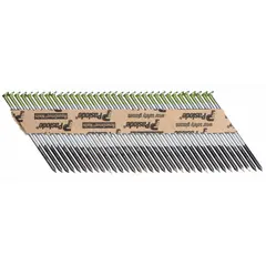 2-inch long, galvanized steel framing nails with offset round ring shank and diamond point. Supplied in collated strips for use with pneumatic nailers in framing, sheathing, and decking applications. Pack of 1,000.