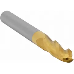 General purpose carbide ball end mill with TiN coating and 3 flutes. Mill diameter 9/16", length of cut 1-1/4", overall length 3-1/2". Used for 3D contouring, slotting, and profiling in metalworking to create smooth curved surfaces and fillets.