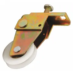 This bronze roller assembly is used for sliding screen doors, providing smooth operation and corrosion resistance. It measures 1-1/2 inches in both height and length, with an unfinished finish. Suitable for residential and light-commercial door repairs.