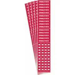 Red adhesive pipe marker with white legend reading 'Sprinkler Water' and directional arrows. Designed for pipes with outside diameter of 3/4 in and smaller. Each pack contains 5 markers. Used to identify sprinkler water lines in fire protection systems.
