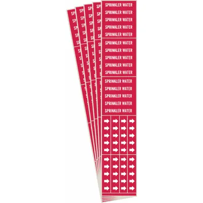BRADY Pipe Marker: Sprinkler Water, Red, White, Fits 3/4 in and Smaller Pipe O.D. - Sprinkler Water Adhesive Pipe Markers