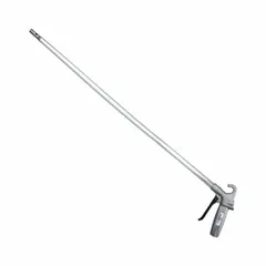 This pistol-grip air gun is constructed with an aluminum body and features a single straight focused nozzle. It has a 1/4 in female NPT connection and includes an extension. Designed for blow-off cleaning tasks, it delivers a concentrated air stream to remove debris from machinery, work surfaces, and parts in industrial settings.
