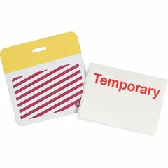 Temporary vinyl clip-on badge with white background and yellow legend. Card height 2 inches, width 3 inches. Pack of 500. Suitable for visitor, contractor, or event identification where temporary clip-on access is needed.