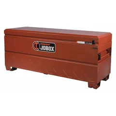 Chest-style jobsite box with 25.3 cu ft capacity, measuring 24 in wide by 72 in deep by 30 3/4 in high. Features a padlock hasp for securing contents (lock not included) and a brown finish. Suitable for storing tools and equipment on construction sites and industrial facilities.