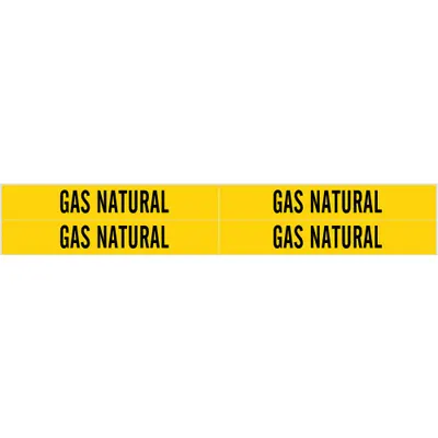 BRADY Pipe Marker: Gas Natural, Yellow, Black, Fits 3/4 to 2 3/8 in Pipe O.D. - Gas Natural Fiberglass Carrier Mounted with Strapping Pipe Markers