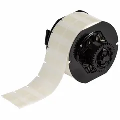 Precut label roll of self-extinguishing vinyl in clear matte finish. Each label measures 1 in x 1 in, with 2,500 labels per roll. Designed for use with the i3300 printer series and B30-R4300 ribbon. Suitable for durable identification and marking of cables, wires, and small cylindrical surfaces in industrial environments.