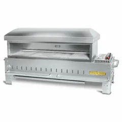 This propane pizza oven features 4 burners with a total heating capacity of 55,000 BtuH. It has an overall height of 33 inches and depth of 26 inches, and accommodates one 25 lb propane tank. Suitable for commercial or high-volume outdoor cooking, it provides consistent high heat for baking pizzas, roasting, or grilling.