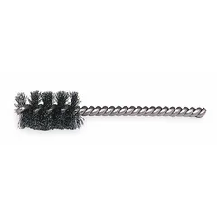 This WEILER blind hole-cleaning brush is constructed of carbon steel with a 7/16 in diameter, 0.005 in fill diameter, and 1/8 in stem diameter. It is designed for cleaning blind holes in carbon steel workpieces, removing debris, burrs, and surface contaminants from confined bores.