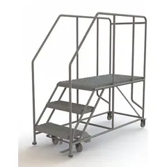 This rolling work platform features a fixed-height steel deck measuring 24 inches by 47 inches with a load capacity of 800 lb. It includes handrails and a foot-activated step lock for secure positioning. Suitable for maintenance, assembly, and warehousing tasks requiring elevated access.
