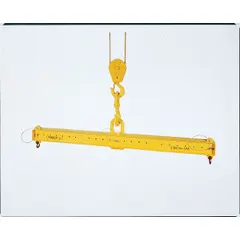 This adjustable steel lifting beam distributes loads evenly across multiple lift points during overhead crane operations. With a 96-inch overall length and 8,000 lb working load limit, it is suited for balanced lifting in industrial settings such as steel fabrication, construction, and maintenance.