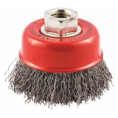 This light-cleaning brush is designed for carbon steel surfaces. It features a 3 in diameter with 0.014 in fill diameter crimped wire bristles. The brush connects via a 5/8"-11 arbor hole. Typical applications include removing rust, scale, and light weld splatter in metal fabrication and maintenance tasks.
