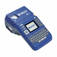 Portable label printer with 300 dpi printhead and 1-1/2" print width. Includes battery, AC adapter, indoor/outdoor vinyl label cartridge, and Brady Workstation Basic Design Suite software. Suitable for on-site identification of cables, panels, and equipment in industrial and facility settings.