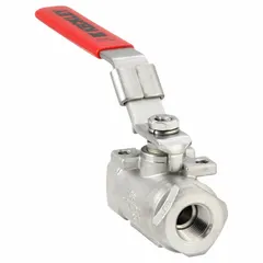 This KECKLEY manual two-way ball valve features a one-piece stainless steel body with 3/8 inch FNPT female threaded ends. The straight pattern design and locking lever handle allow for secure on/off flow control in industrial piping systems where corrosion resistance is required.