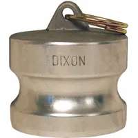 Aluminum dust plug for capping cam-and-groove couplings, protecting them from dirt, debris, and moisture when not in use. Features a 1/2 in coupling size, 150 psi max working pressure at 70°F, and 1 13/32 in overall length