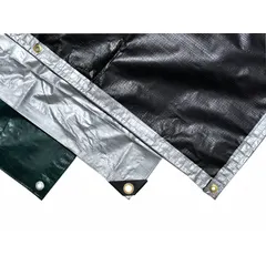 Heavy duty polyethylene tarp, 12 mil thickness, waterproof, black/silver color. Measures 23.75 ft length by 11.67 ft width. Suitable for outdoor covering and protection from weather elements.