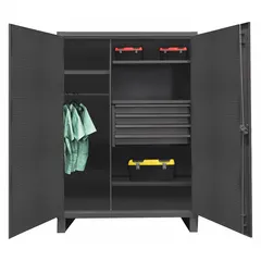 DURHAM MFG Storage Cabinet: 48 in x 24 in x 78 in, 4 Shelves, 4 Drawers, Swing Handle & Padlock Hasp (MPN HDWCP244878-4M95). Key specifications — attr113683: (1) 18 in x 19-5/16 in; (3) 27-1/16 in x 20-7/8 in; attr113700: (3) Adjustable; (1) Fixed; attr113673: Legs; attr113674: Gray; attr113688: (4) 3-3/8 in x 23-1/4 in x 14 in; attr113685: Assembled.