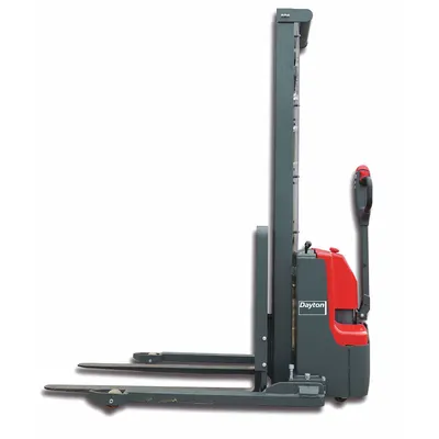 Dayton Stacker: 2,200 lb, 114 in Max Lifting Ht, Adj Fork, 45 5/16 in L x 3 7/8 in W Fork - Electric Straddle Stackers