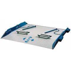 Steel dock board with diamond treadplate surface for traction. Overall length 72 in, width 60 in. Used to bridge the gap between loading dock and truck or railcar for forklift and pallet jack access.