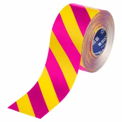 This extra-durable floor marking tape features a pink/yellow striped pattern for caution indication. The 22 mil thick polyester backing provides resistance in industrial environments. Suitable for marking safety zones, walkways, and hazard areas.