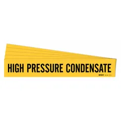 Yellow adhesive pipe marker with black legend reading 'High Pressure Condensate'. Fits pipe outer diameters from 2-1/2 to 7-7/8 inches. Sold in a 5-pack without directional arrows. Used to identify high-pressure condensate lines in industrial piping systems.
