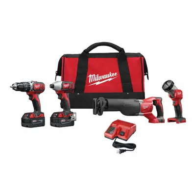 MILWAUKEE Cordless Tool Combination Kit: 4 Tools, 18 V DC Volt, Battery Included - Milwaukee 18V Cordless Tool Combination Kits