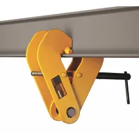 Steel beam lifting clamp for top-mount attachment to beam flanges. Jaw opening range 4 in minimum to 12 in maximum. Used to connect hoists or cranes to I-beams for lifting and positioning loads in material handling and rigging tasks