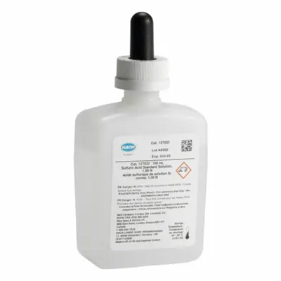 HACH Sulfuric Acid Standard Solution: 100 mL Volume, 1 N, Bottle, Acid/Solution/Std - Ion Specific Standards