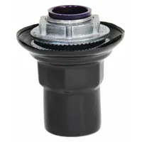 Steel hub with black PVC coating for terminating 4-inch trade size PVC-coated metal conduit. Overall length 4 7/16 inches. Provides a corrosion-resistant connection point in industrial electrical systems where conduits are exposed to moisture or chemicals