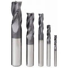 This set includes five solid carbide square end mills with AlTiN coating for heat resistance and wear protection. Each end mill has 3 flutes, with diameters ranging from 1/8" to 1/2". Suitable for general-purpose milling of ferrous and non-ferrous materials in industrial maintenance, tooling, and production environments.