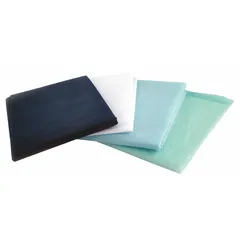 Disposable sheet set for full-size cots, made of polypropylene fabric in Light Blue. Features sewn corners for secure fit. Suitable for use in medical examination rooms, first aid stations, or temporary bedding applications where a hygienic, fluid-resistant surface is required.