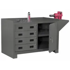 Fully assembled cabinet bench with a 48 in x 24 in work surface and 2,000 lb overall load capacity. Includes a Vice Support Shelf and integrated drawers and shelves for storage. Suitable for industrial workshops and maintenance facilities requiring a heavy-duty work surface with tool and parts organization.