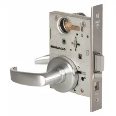 This BEST office lever lockset features a satin chromium-plated stainless steel finish with a 40H rose and F04 function. It is ADA compliant and includes an interchangeable core for easy rekeying. Designed for interior office doors in commercial or institutional settings.
