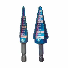 This 2-piece step drill bit set from SPYDER covers diameters from 1/8" to 7/8" with a 118° point. The bits are made of black oxide cobalt high-speed steel and are impact-rated for use with impact drivers or standard drills. Suitable for drilling stepped holes in sheet metal, plastic, and wood.