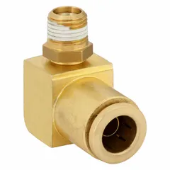 Brass adapter elbow with push-to-connect on one end and 1/4 in NPTF male thread on the other. Connects 1/2 in OD tubing to NPTF ports in pneumatic systems. Suitable for air brake and compressed air applications on vehicles and industrial equipment.