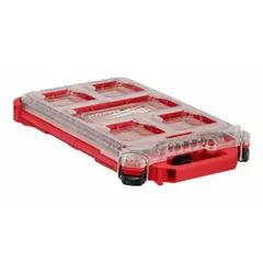 Red plastic organizer box with five adjustable dividers. Measures 9 3/4 in W x 15 3/16 in D x 2 1/2 in H. Suitable for storing and organizing small tools, fasteners, and parts in workshop or job site environments.