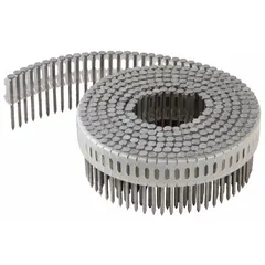 Collated siding nails with a flat spiral design and diamond point, galvanized for corrosion resistance. Overall length 1 7/8 in. Suitable for pneumatic nailers in exterior wood applications such as siding and fencing.