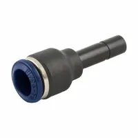 Nylon and nickel-plated brass tube fitting with push-to-connect on one end and tube stem on the other. Connects 1/4 in OD to 5/16 in OD tubing. Used for quick, tool-free assembly in pneumatic systems, such as air lines in industrial automation and fluid power applications