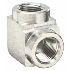 Steel hydraulic hose adapter with 3/8 in NPTF female connections on both ends. Rigid 90° elbow configuration allows a compact directional change in fluid lines. Suitable for hydraulic systems requiring a durable, leak-resistant connection.