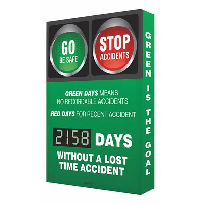DIGI-DAY2 Electronic Scoreboard: Aluminum, Mounting Holes Sign Mounting - Go Be Safe/Stop Accidents - Green Days Means No Recordable Accidents - Red Days for Recent Accident - ___ Days Without A Lost Time Accident Safety Scoreboards