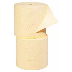 This yellow polypropylene sorbent roll is 150 ft long and 15 in wide, supplied in a 2-pack. It is used for absorbing and containing liquid spills in industrial maintenance and facility operations, such as in workshops, warehouses, and manufacturing plants.