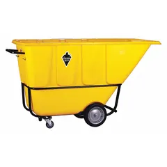 This steel-reinforced plastic tilt truck has a 1250 lb capacity and measures 77 in L x 33 1/4 in W x 36 in H. It features a flat configuration and (2) axle-mounted casters for stable transport and easy tilting. Suitable for moving bulk loads in industrial and warehouse settings.