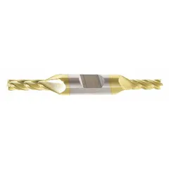 This double-end carbide square end mill features a TiN coating and 4 flutes. With a 1/8" mill diameter and 3/8" length of cut, it is suited for slotting, profiling, and contouring in ferrous and non-ferrous materials.