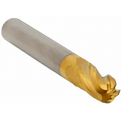 This general purpose carbide ball end mill features a titanium nitride (TiN) coating to reduce friction and heat, extending tool life on steels and alloys. With 4 flutes, a 15/64" mill diameter, 7/16" length of cut, and 2" overall length, it is suitable for contouring, slotting, and profiling in metalworking applications.
