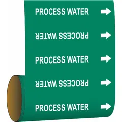 Green adhesive pipe marker with white legend reading 'Process Water' and directional arrows. Fits pipes with outside diameter of 2 inches and smaller. Each roll contains 30 markers. Used to identify pipes carrying process water in industrial piping systems.
