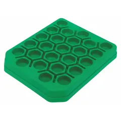 This green polypropylene test tube rack holds up to 30 tubes and is designed for benchtop use. It measures 9 1/8 inches in overall length and 7 1/2 inches in overall width. Suitable for general laboratory sample preparation, storage, and analysis.